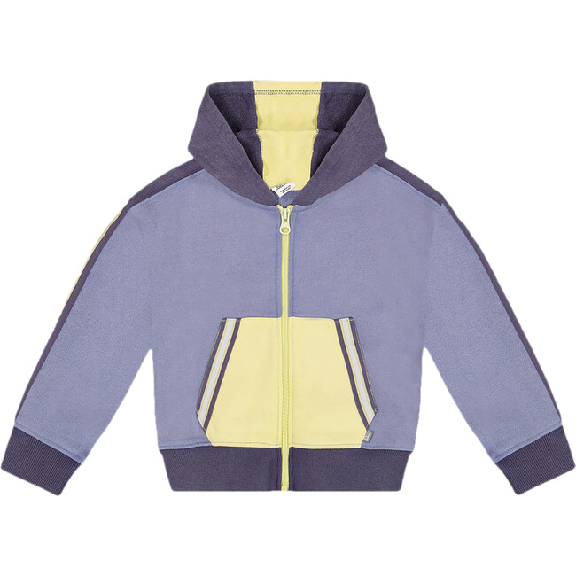 French Terry Hooded Cardigan, Blue And Lime