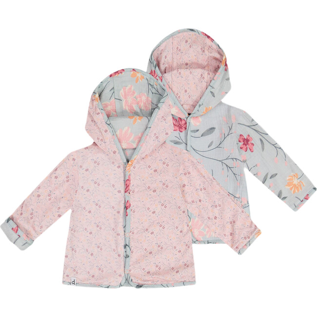 Reversible Cotton And Muslin Cardigan, Printed Pink Small Flower