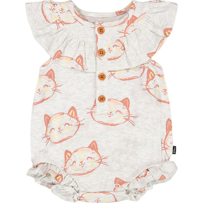 Organic Cotton Romper, Heather Beige With Printed Cat