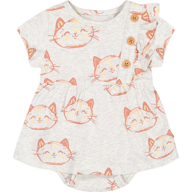 Organic Cotton Printed Romper, Heather Beige With Printed Cat