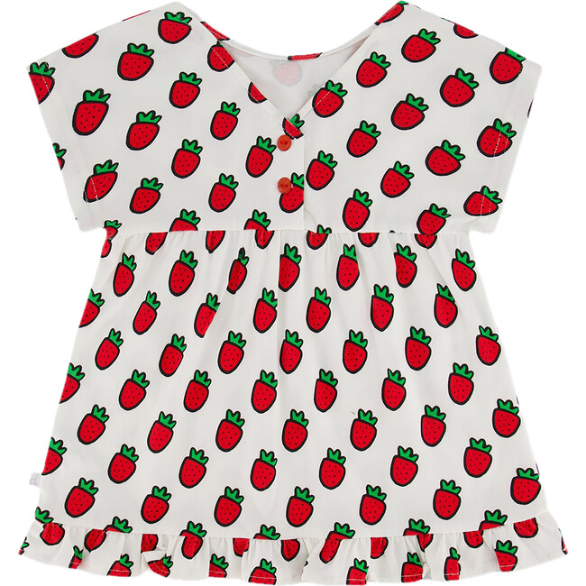 Organic Cotton Long Top With Frill, White Printed Pop Strawberry