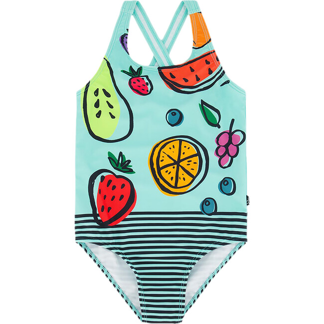 One Piece Swimsuit, Baby Blue Printed Fruits