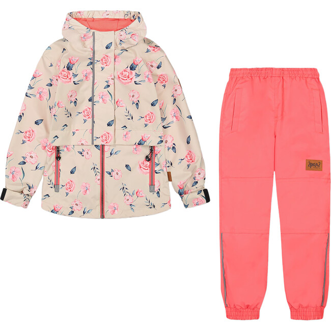Two Piece Hooded Coat And Pant Mid-Season Set, Ivory Printed Flowers Coral