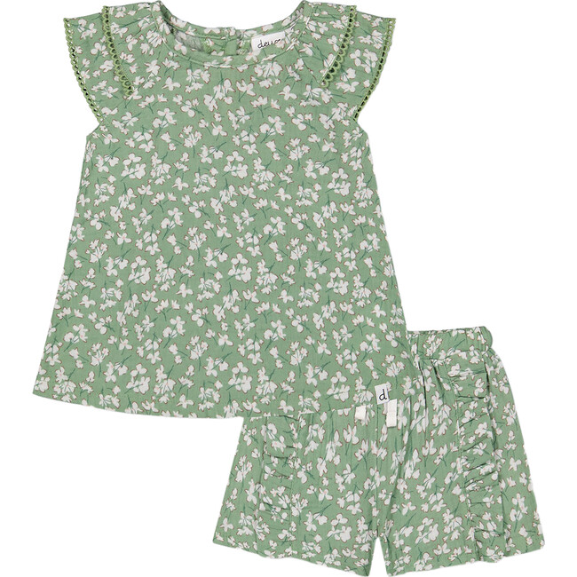 Muslin Blouse And Short Set, Green Jasmine Flower Print