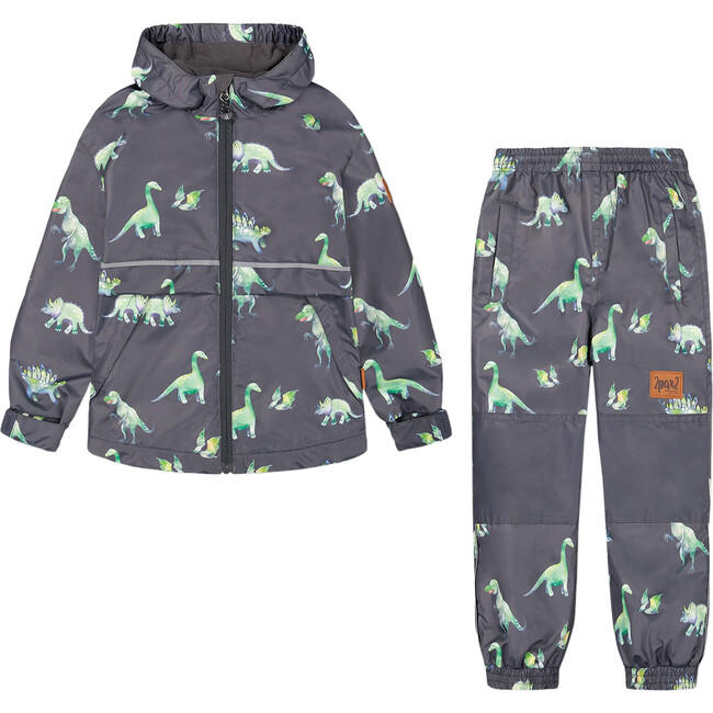 Two Piece Hooded Coat And Pant Mid-Season Set, Grey Printed Dinosaurs