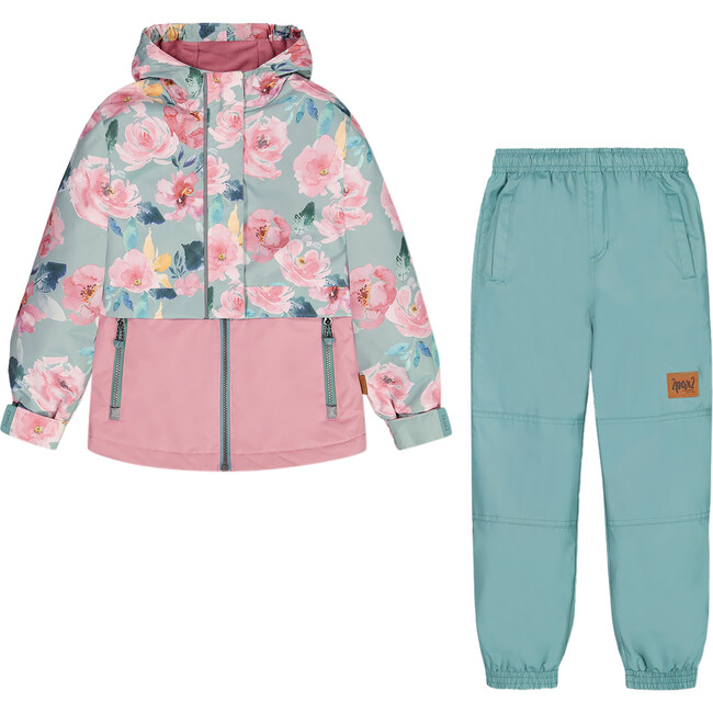 Two Piece Hooded Coat And Pant Mid-Season Set, Green Printed Watercolor Roses