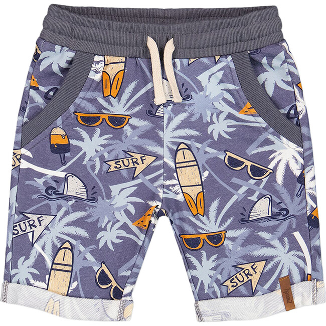 French Terry Short, Printed Palm Tree And Surf