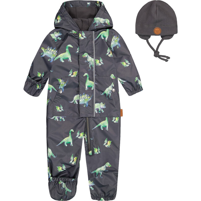 Baby Mid-Season One Piece With Hat, Grey Printed Dinosaurs