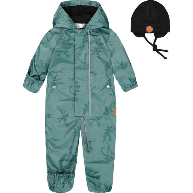 Baby Mid-Season One Piece With Hat, Green Printed Skeletons Dinosaurs
