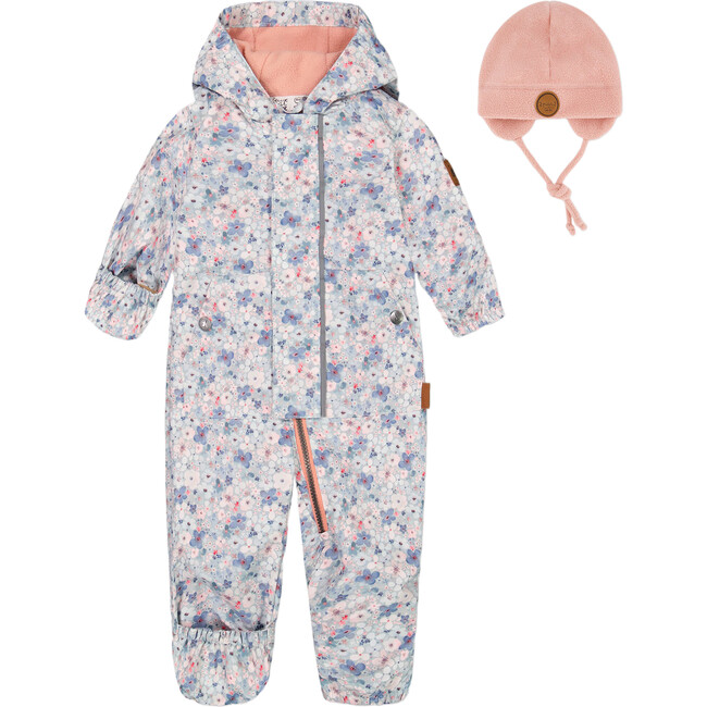 Baby Mid-Season One Piece With Hat, Baby Blue Printed Watercolor Flowers