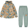 Two Piece Hooded Coat And Pant Mid-Season Set, Beige Printed Camo Dinos Forest Green - Raincoats - 1 - thumbnail
