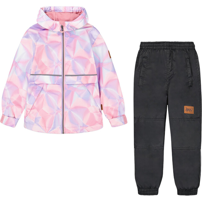 Two Piece Hooded Coat And Pant Mid-Season Set, Printed Foil Pastel And Black