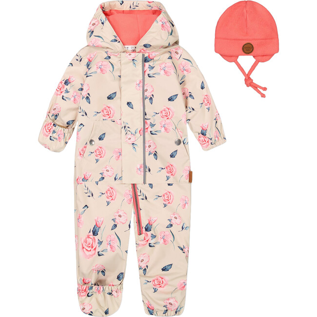 Baby Mid-Season One Piece With Hat, Ivory Printed Flowers Coral