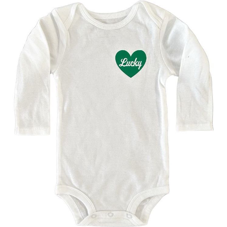 Lucky Heart Print Lap Neck Babesie, White - Bodysuits - 1
