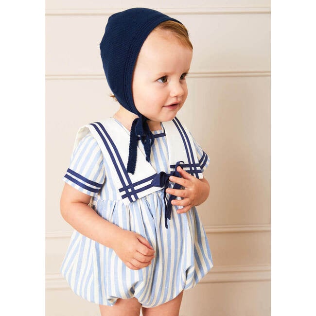 Striped Mariner Collar Short Sleeve Romper, Blue & White - Rompers - 2