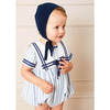 Striped Mariner Collar Short Sleeve Romper, Blue & White - Rompers - 2