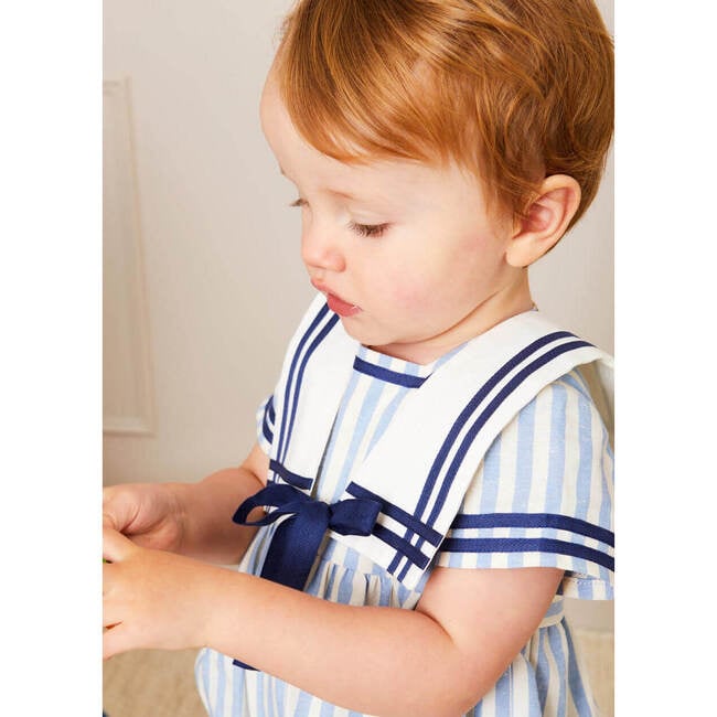 Striped Mariner Collar Short Sleeve Romper, Blue & White - Rompers - 3