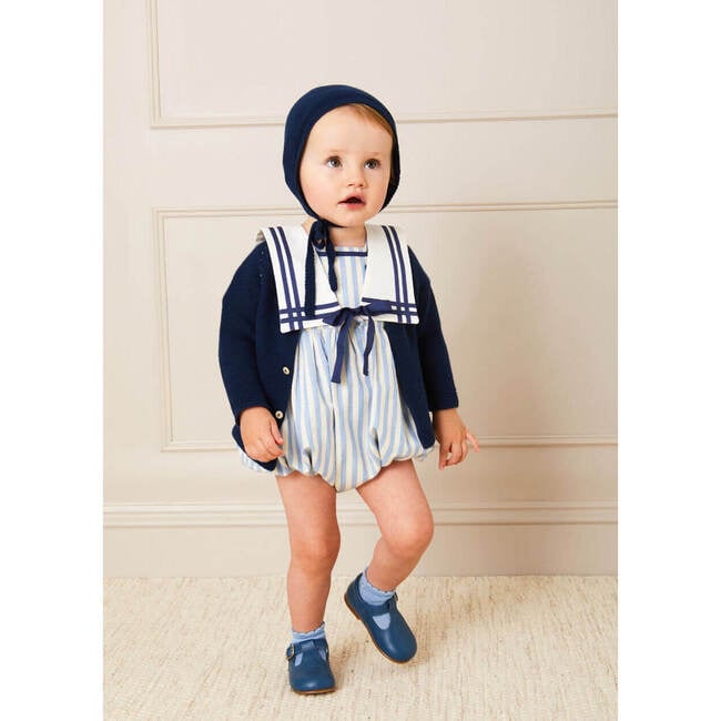 Striped Mariner Collar Short Sleeve Romper, Blue & White - Rompers - 4