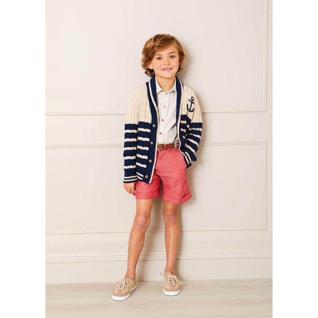 Anchor Motif Striped Cable Knit Cardigan, Navy - Cardigans - 3