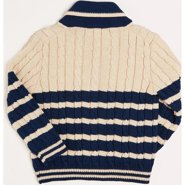 Anchor Motif Striped Cable Knit Cardigan, Navy - Cardigans - 5