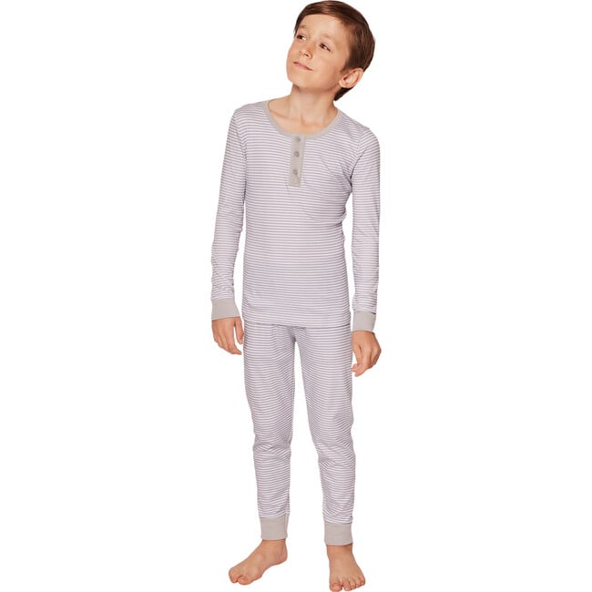 Snug Fit Pajama Set, Grey Stripes - Pajamas - 3