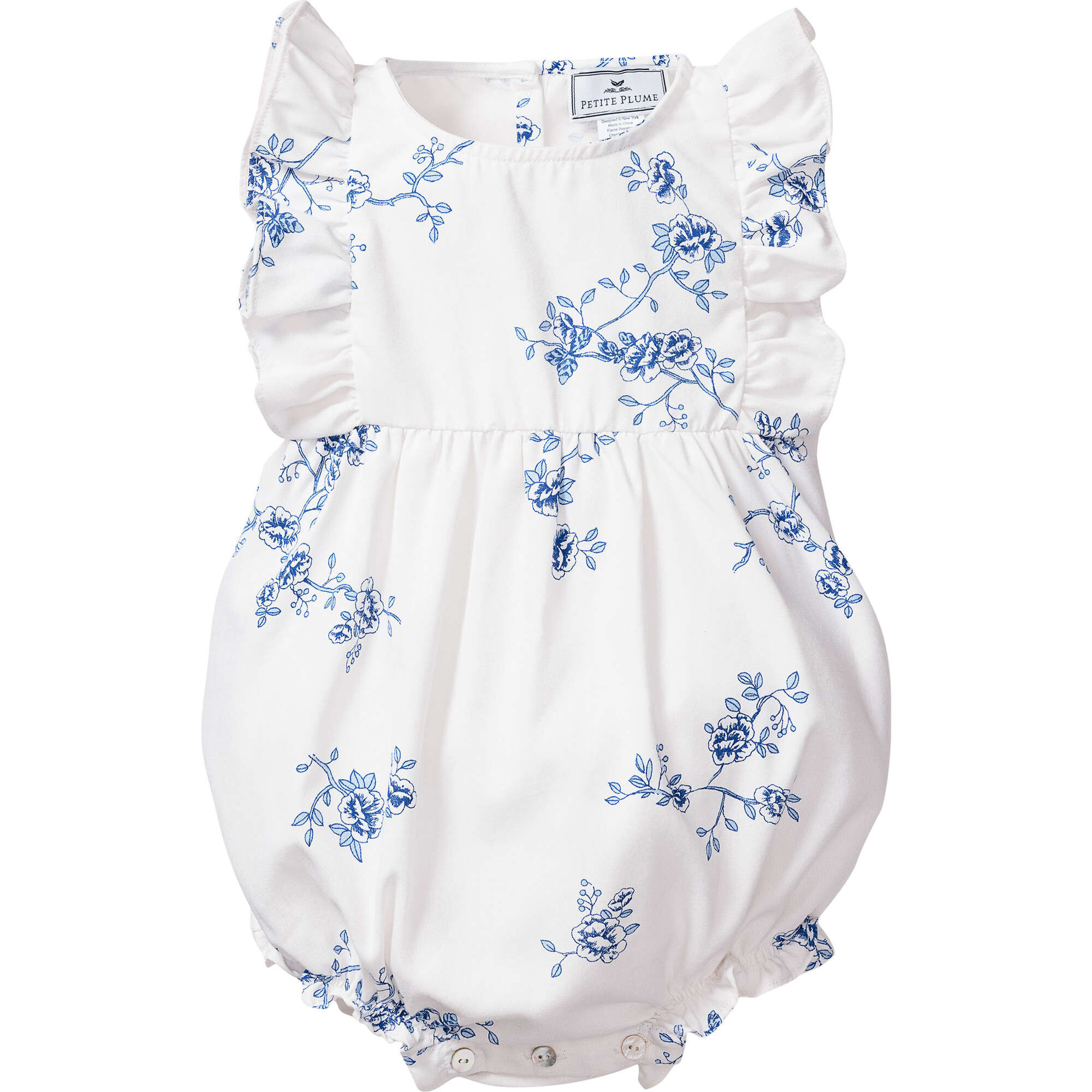 Ruffled Romper, Indigo Floral - Rompers - 1