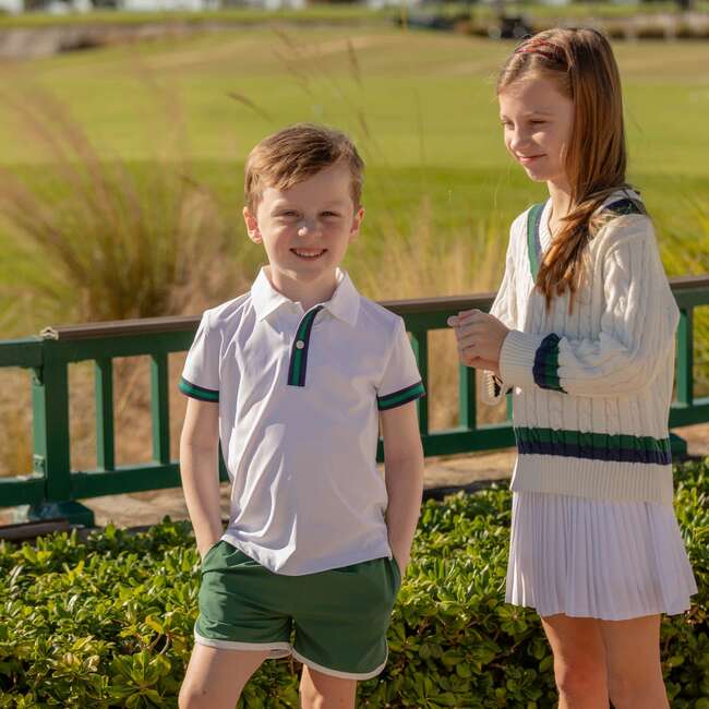 Henley Polo, Wimbledon White with Green & Navy Stripe - Polo Shirts - 3