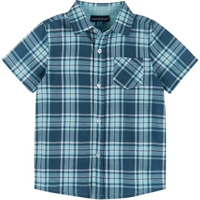 Washed Navy & Light Blue Plaid Short Sleeve Buttondown Shirt