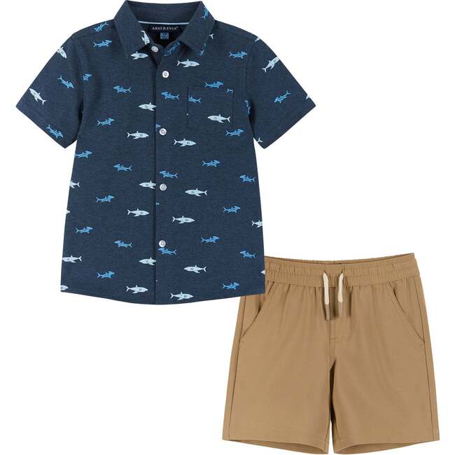 Short Sleeve Knit Buttondown and Shorts Set, Sharks