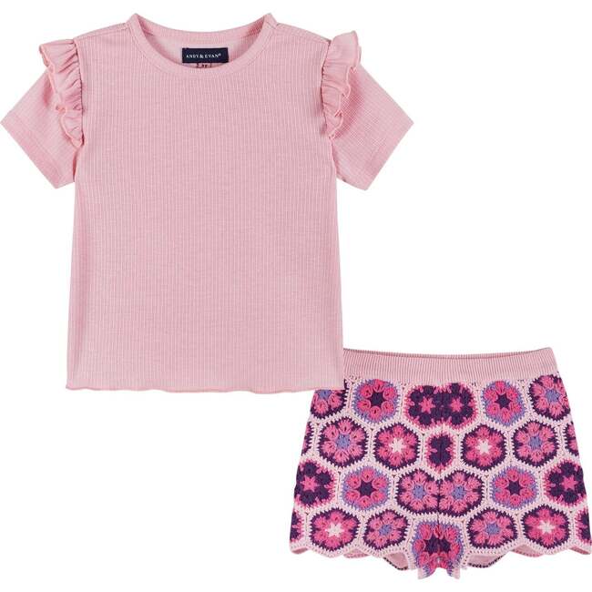 Pink Woven Top & Crochet Short Set