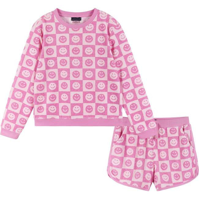 Pink Smiley Terry Sweatshirt & Shorts Set (Size 7-16 Years)