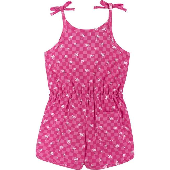 Pink Palm Tree Print Romper w/Shoulder Ties - Rompers - 2