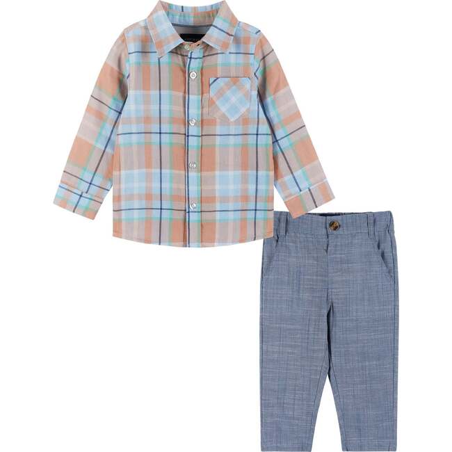 Infant Plaid Buttondown and Pants Set - Orange and Blue