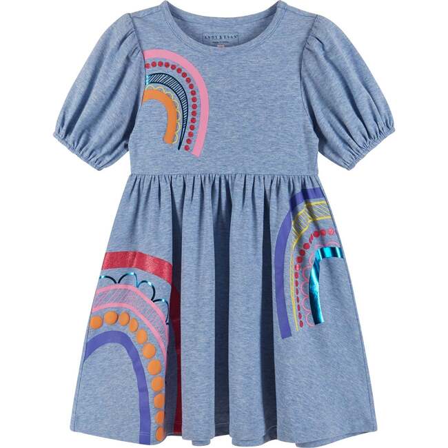 Blue Puff-Sleeve Dress w/Rainbow Emb.