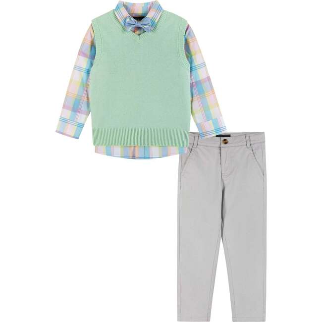 Plaid Poplin and Sweater Vest Set, Light Green