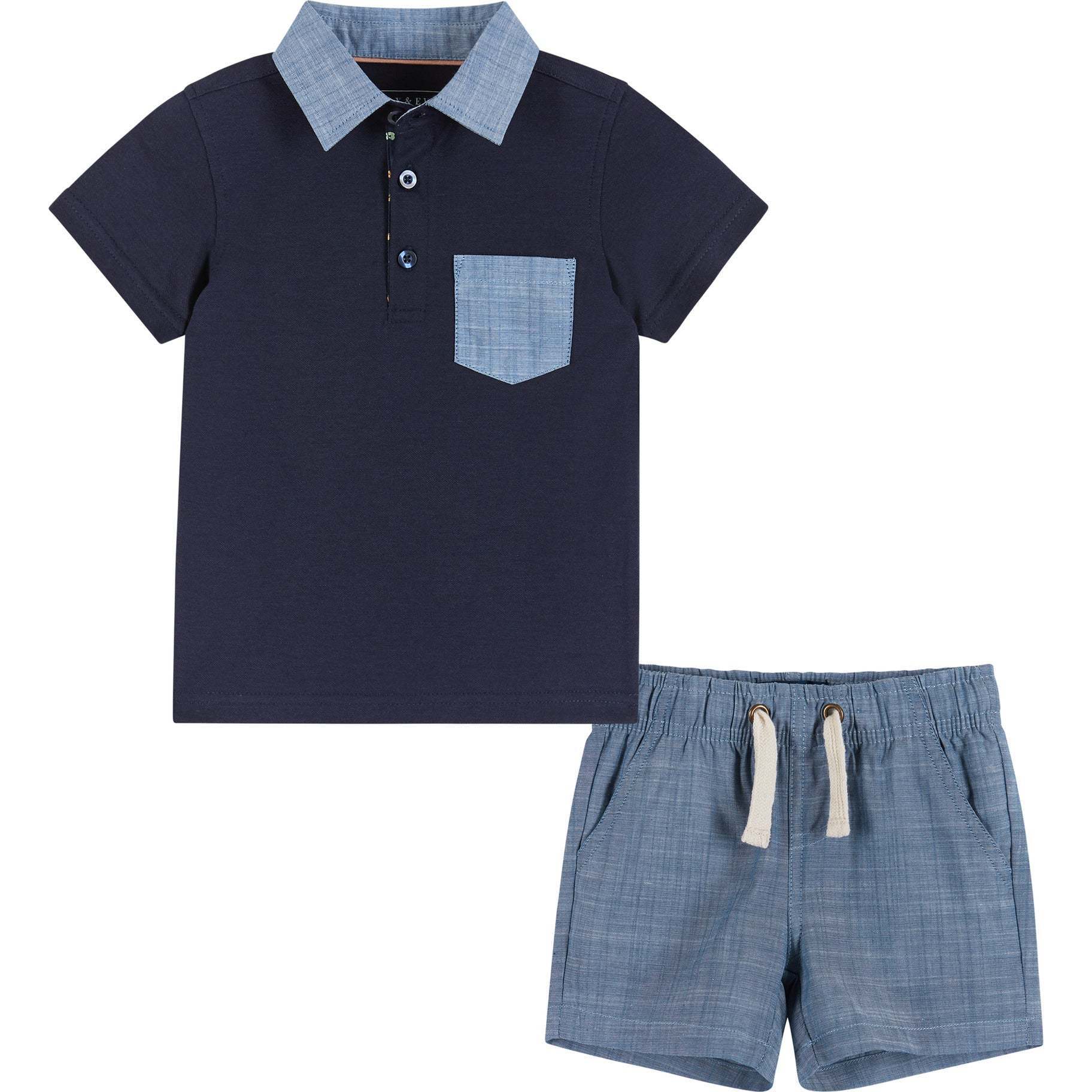 Infant Polo and Shorts Set - Navy and Chambray - Mixed Apparel Set - 1