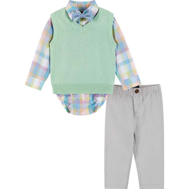 Infant Plaid Poplin and Sweater Vest Set, Light Green