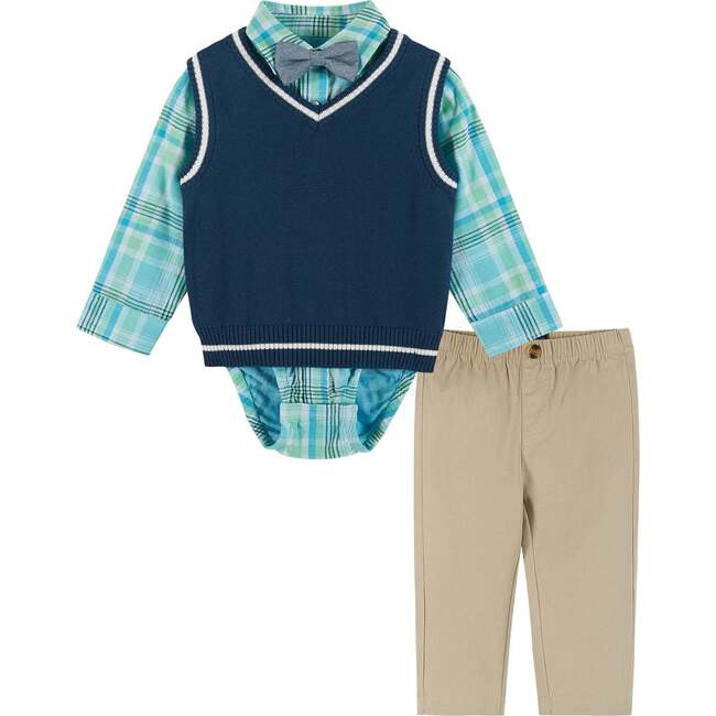 Infant Plaid Poplin and Sweater Vest Set, Green and Navy