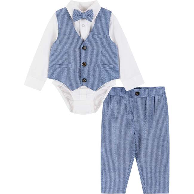 Infant Four Piece Buttondown and Vest Set, Blue