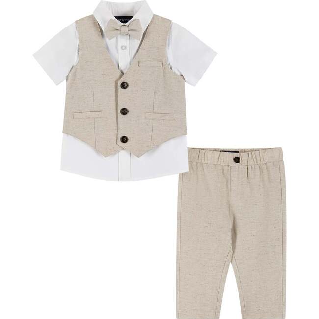 Infant Four Piece Buttondown and Vest Set, Beige