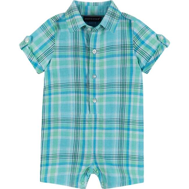 Infant Plaid Poplin Shirtall - Blue and Green - Rompers - 3