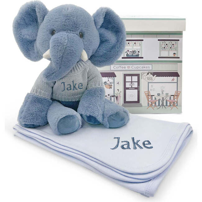 Personalized Esme Elephant Soft Toy With Snuggle Wrap, Blue