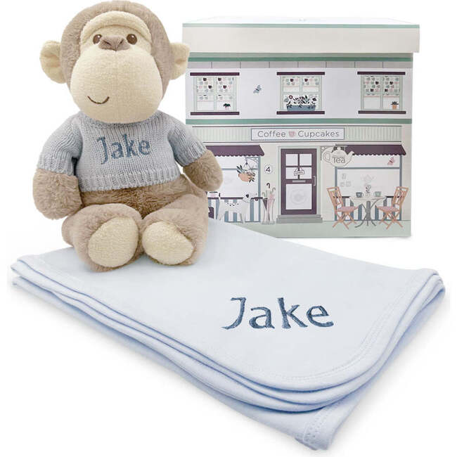 Personalized Morris Monkey Soft Toy With Snuggle Wrap, Blue