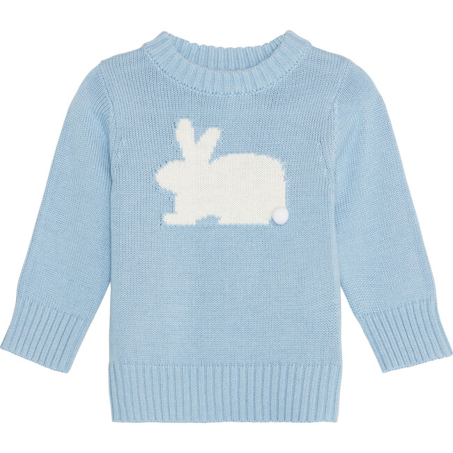 Kid's Bunny Knit Rib Trim Crew Neck Sweater, Light Blue - Sweaters - 1