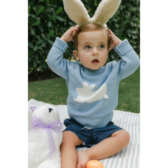 Kid's Bunny Knit Rib Trim Crew Neck Sweater, Light Blue - Sweaters - 2
