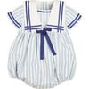 Striped Mariner Collar Short Sleeve Romper, Blue & White - Rompers - 1 - thumbnail