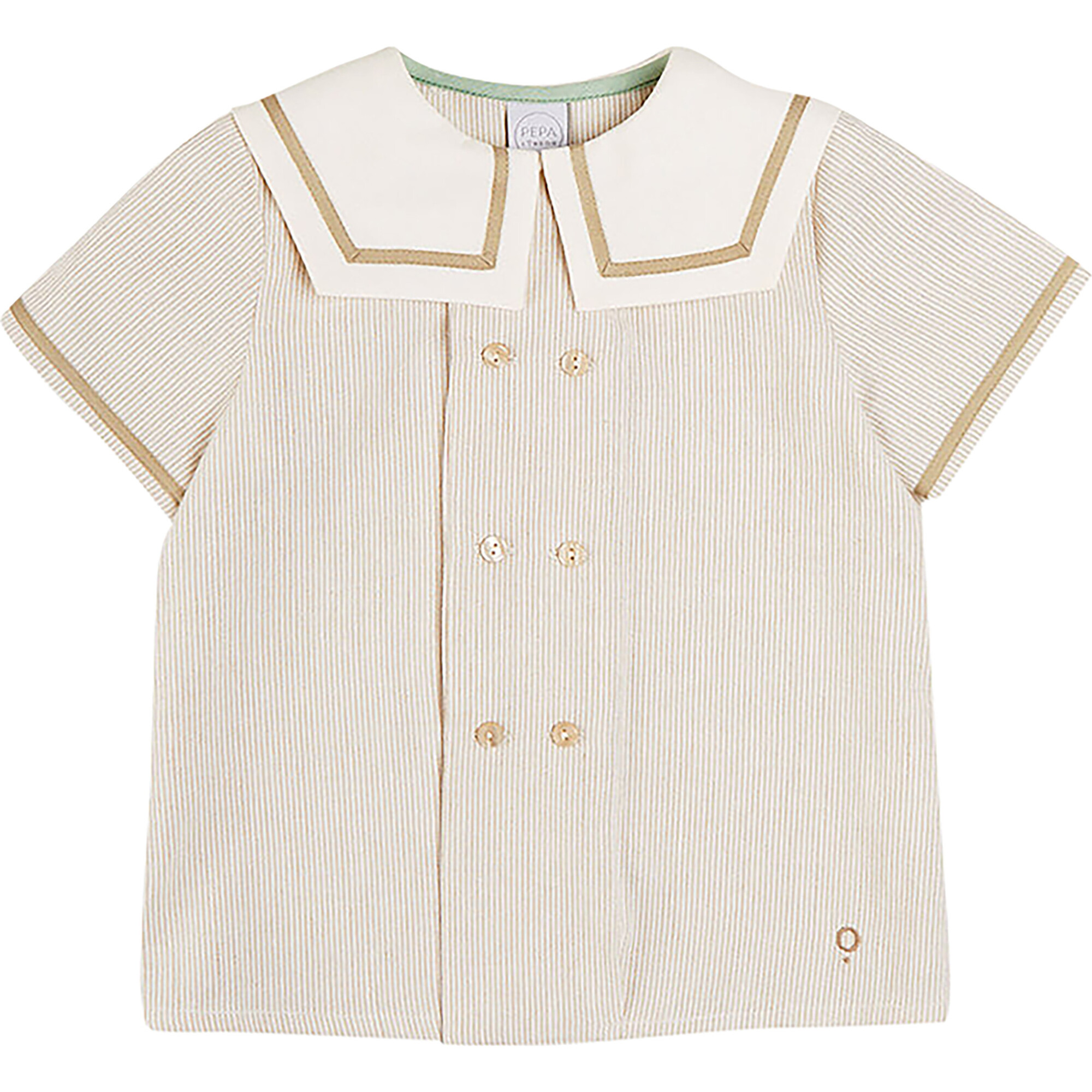 Striped Mariner Collar Short Sleeve Shirt, Beige - Shirts - 1