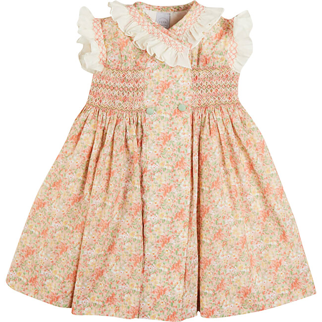 Sophie Floral Print Handsmocked Double Breasted Dress, Peach