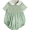 Peter Pan Collar Handsmocked Short Sleeve Romper, Green - Rompers - 1 - thumbnail