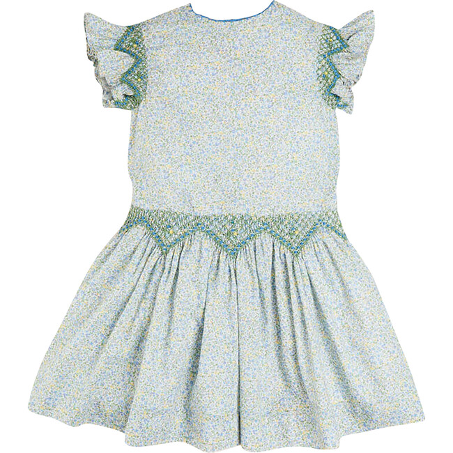 Matilda Floral Print Handsmocked Sleeveless Dress, Blue